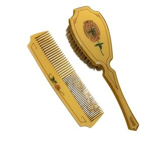 Vintage Dupont Wild Rose Comb and Hair Brush Set Celluloid Vanity 7 1/2"